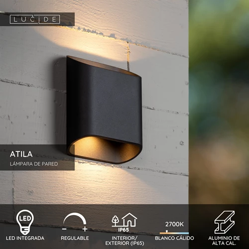 Lucide ATILA - Lámpara de pared Dentro/Fuera - LED Regul. - 2x5W 2700K - IP65 - Negro - USP